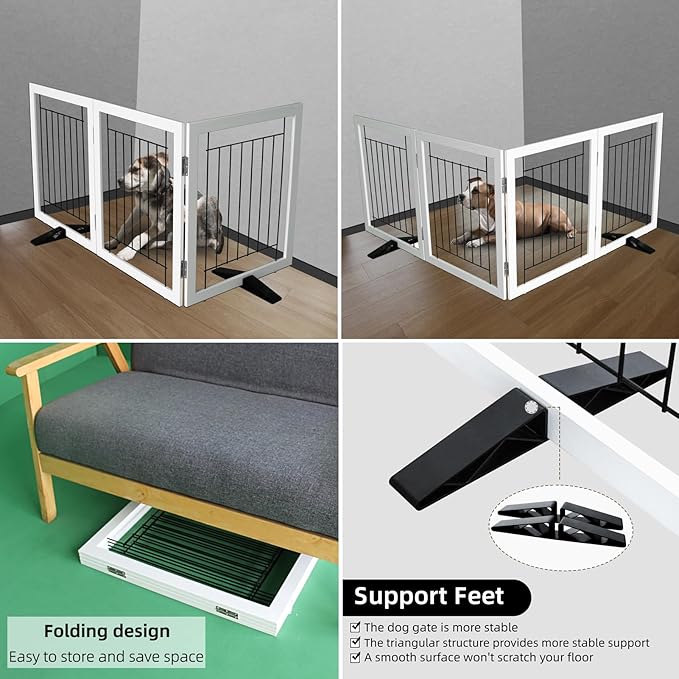 ZJSF Freestanding Dog Gate Indoor, Foldable Dog Fence for Doorways,Hallways or Stairs, Sturdy Wood Extra Wide Pet Gate with Support Feet,White,24 "Height-3 Panels