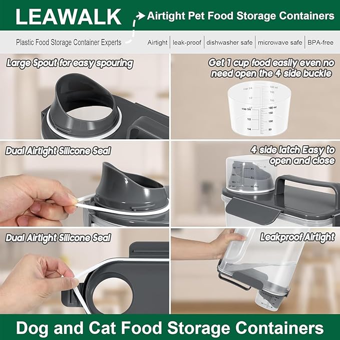 5-7Lbs Cat Dog Storage Container, Portable Pet Food Containers with Upgraded Large Spout and Cup, Small Animal Kibble Dispenser for Bird Seed, Oatmeal, Rice, Flour (1, Dark Gray, 5L)