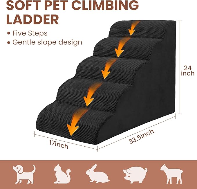 5 Steps Dog Stairs for Bed, 24" Dog Steps for High Bed, High Density Pet Steps for Small Dogs, Extra Wide Non-Slip Dogs Ramp for Injured, Older Pets, Small Cats, Black