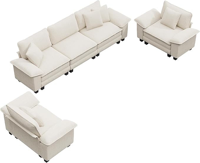 Cloud Couch Sectional Sofa Set, Plush 24.4-Inch Deep 5-Seat Sectional with Velvety Corduroy & Removable Arms for Living Room and Apartment, Beige