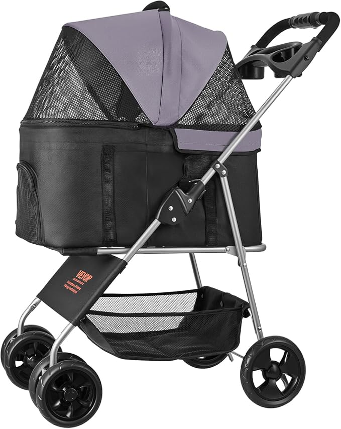 VEVOR Pet Stroller, 35 lbs Weight Capacity, Foldable Dog Stroller Cart, 4 Wheels Cats Strollers with with Detachable Carrier & Mesh Windows, Portable Design with Brake for Small to Medium Pets