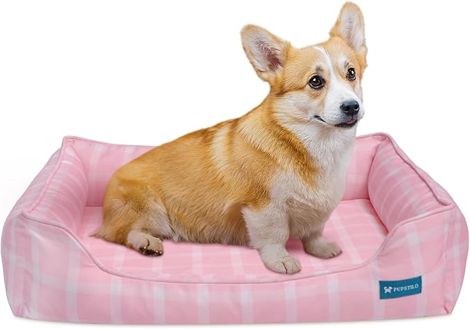Orthopedic Bolster Dog Bed β CertiPUR-US Foam, Recycled Polyester Canvas, Washable Cover, Anti-Slip Bottom, Small, Pink Check β Stylish Designer Dog Sofa