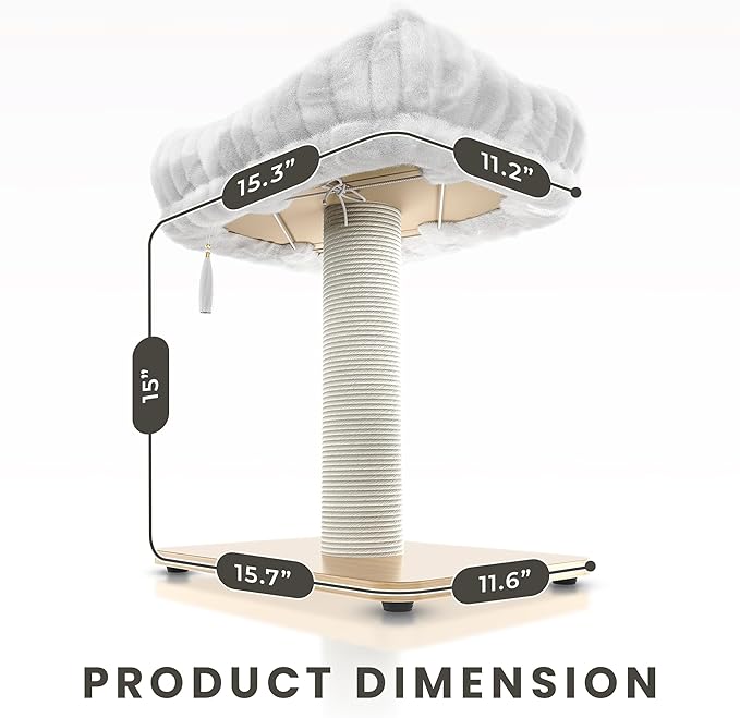 Modern Scratching Post for Indoor Cats - 15” High Cat Scratching Post with Bed Breeds - 15.7” x 11.6” Removable & Washable Cushion (Natural Wood Post with White Bed)