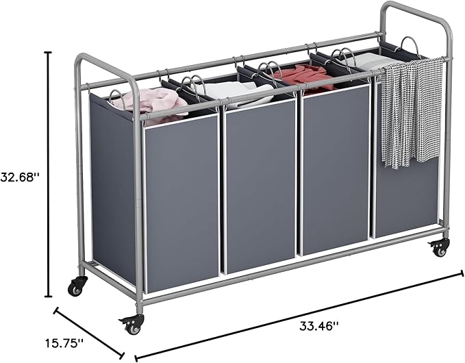 Laundry Sorter 4 Section Hamper Sorter with Heavy Duty Lockable Rolling Wheels Removable Bags Basket Separator for Dirty Clothes Storage, Grey