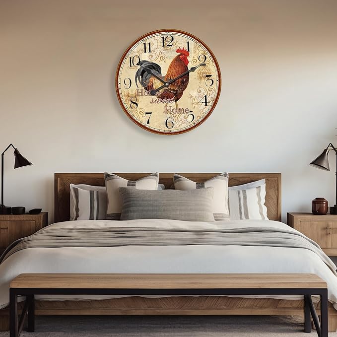 24 Inch Large Vintage Rooster Clock for Living Room,Silent Retro Farmhouse Wall Clock for Kitchen Bedroom,Rustic No-Ticking Wall Clock Battery Operated for Home Office School