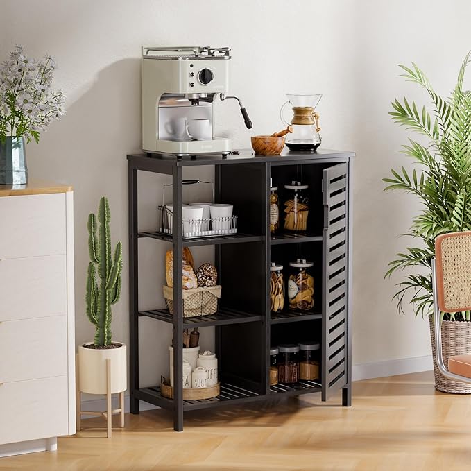 HITNET Black Bathroom Cabinet, Freestanding Storage Cabinet Bamboo Kitchen Floor Cupboard with Door and Shelf, Space Saving Side Storage Organizer for Living Room Bedroom Home Office