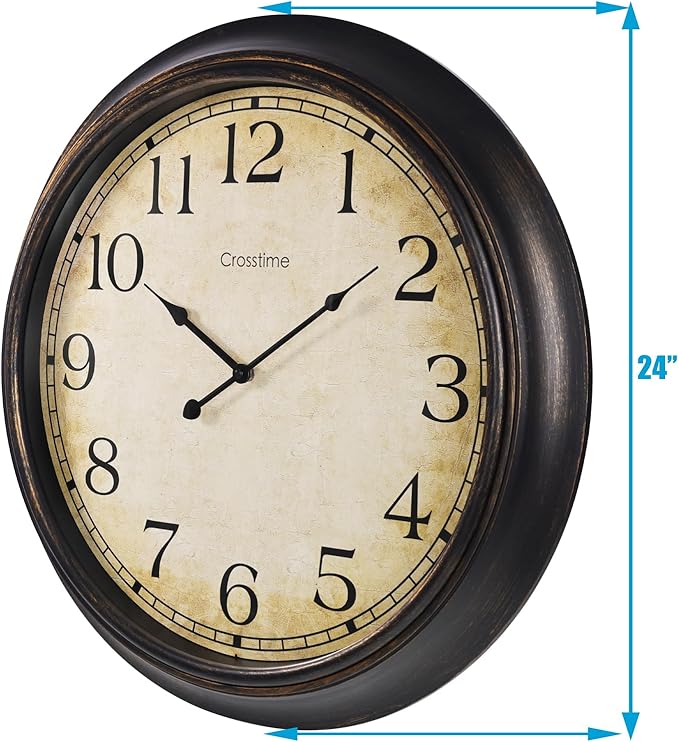 24 Inch Wall Clock Battery Operated Silent Round Vintage Large Wall Clocks for Living Room Farmhouse Decor, Black-Brown