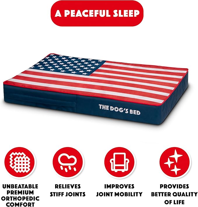 The Dog’s Bed Orthopedic Memory Foam Dog Bed, Medium Blue & Red Trim USA Center Flag 34x22, Pain Relief for Arthritis, Hip & Elbow Dysplasia, Post Surgery, Supportive, Calming, Waterproof Washable