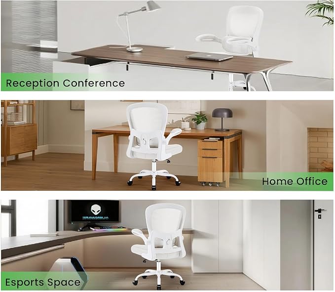 Ergonomic Office Chair, Comfy Desk Chair with Adjustable Lumbar Support, Mesh Computer Chair with Wheels, Flip-up Armrests, Swivel Rolling Executive Chair for Home Office, Gaming, White