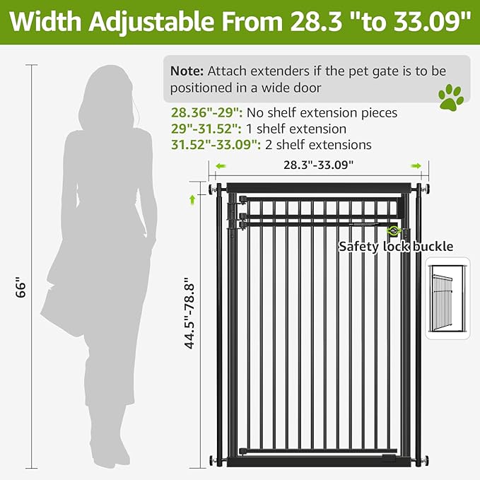 78.8" Extra Tall Cat Gate, 28.3-33" Wide Safety Metal Cat Door, Pressure Mounted Easy Walk Through Pet Gate with Door for Stairs, Doorways (Black)