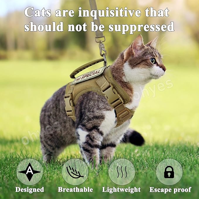 Tactical Cat Harness for Walking Escape Proof, Soft Mesh Adjustable Pet Vest Harness for Large Cat, Small Dog and Khaki…