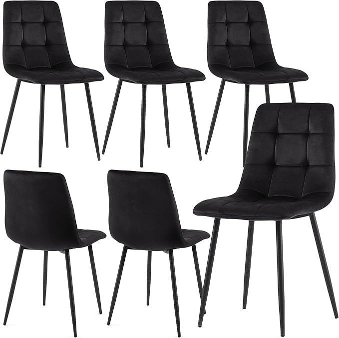 NORDICANA Dining Chairs Set of 6, Modern Black Velvet Kitchen Chairs for 6 Person, Armless Chairs Upholstered Cushion Seat, Metal Legs