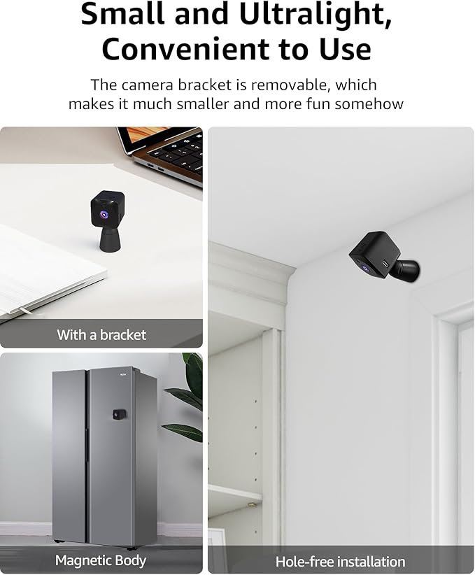 4K HD Mini Camera for Indoor Security with App Control Motion Detection & Night Vision Wireless WiFi Rechargeable Pet Camera for Home/Office 24/7 Cycle Save (Black-4K)