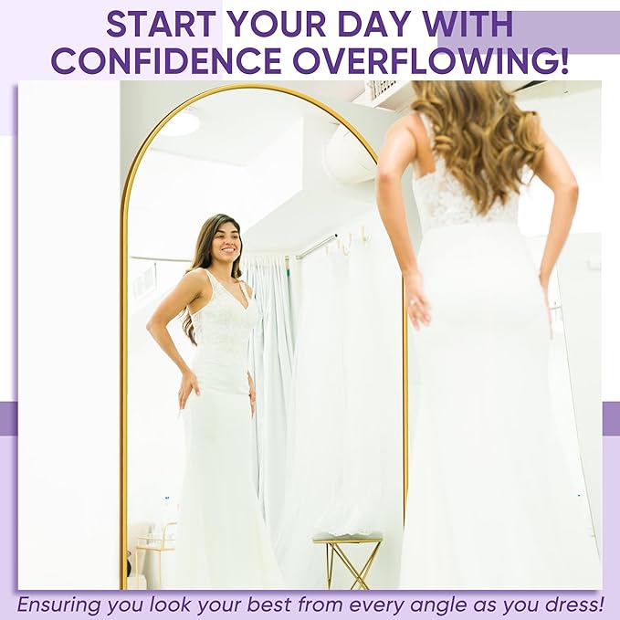 Full Length Mirror, 72"x44" Floor Mirror Freestanding, Oversized Floor Standing Mirror Full Body Mirrors with Stand for Bedroom, Hanging Mounted Mirrors for Living Room Cloakroom, Gold, Arched