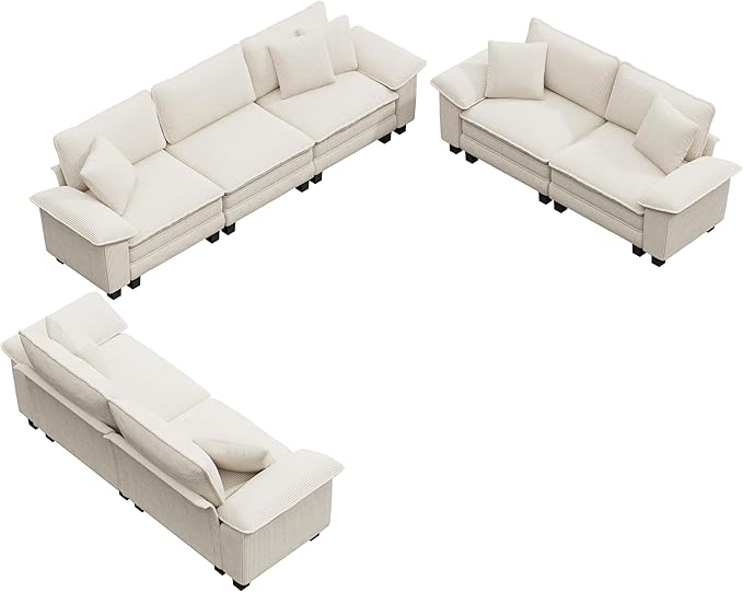 Cloud Couch Sectional Sofa Set, Plush 24.4-Inch Deep 7-Seat Sectional with Velvety Corduroy & Removable Arms for Living Room and Apartment, Beige