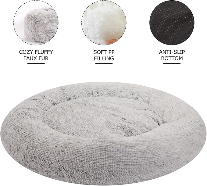 Bedfolks Calming Donut Dog Bed, 23 Inches Round Fluffy Dog Beds for Small Dogs, Machine Washable Anti-Anxiety Plush Puppy Bed(Light Grey, Small)