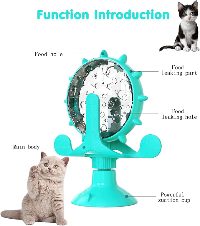 Cat Dog Treat Dispenser Toy - Cat Interactive Feeder Pet Food Toys Feeder 360° Degree Rotating Food Leakage Device Rotate with Strong Suction Cup Money Wheel Shape (Lake Blue)