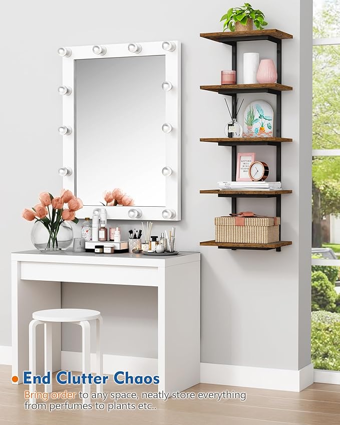 5 Tier Wall Bookshelf Unit for Bedroom Books, Large Floating Book Shelves Wall Mounted, Rustic Wood Lack Tiered Hanging Shelf for Kitchen Office Living Room Corner (Dark Brown)