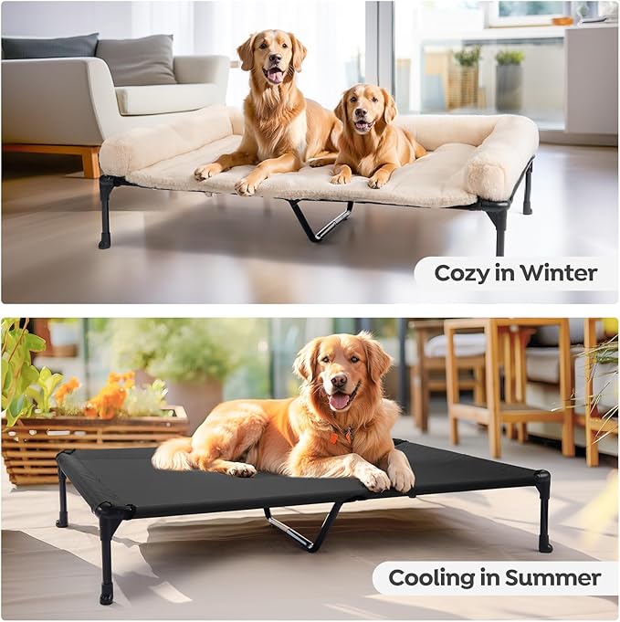 Veehoo Cooling Elevated Dog Bed with Fluffy Plush Bolster Cushion, Indoor Raised Dog Beds for Large Dogs, Soft Pet Sofa Cot with Removable Washable Mat, No-Slip Feet, 49 x 33 inches, Cream White
