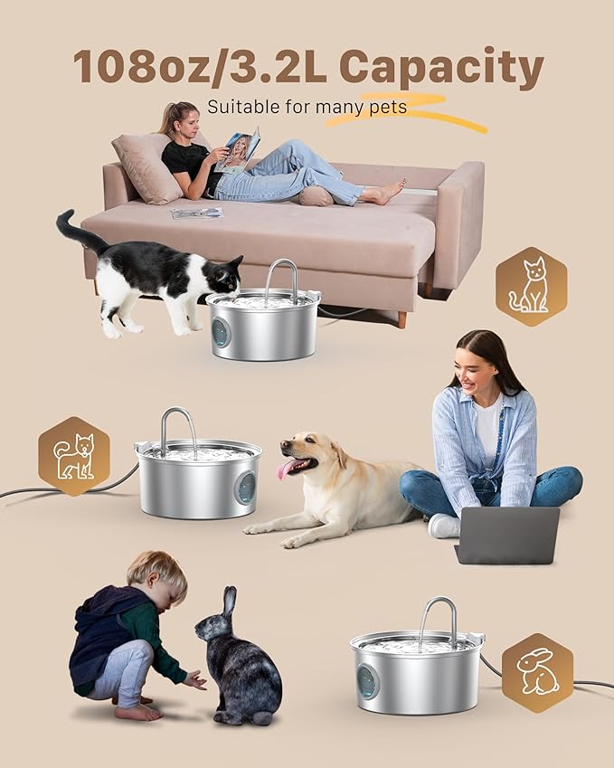 Stainless Steel Cat Fountain - 108oz/3.2L Pet Fountain for Cats Indoor - Quiet - Contains 8 Filters + 8 Sponges