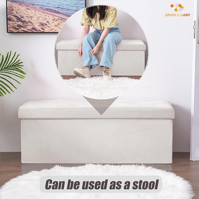 BRIAN & DANY 43 Inches Folding Storage Ottoman Bench, Velvet Ottoman with Storage for Living Room, Long Shoes Bench, Flannelette Footrest Benches Seat (White)