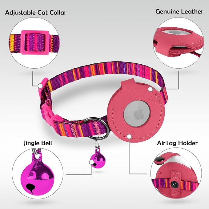 Airtag Cat Collar with Bell - Non Breakaway Soft Pet Collar with Leather Air Tag Holder - Adjustable GPS Anti-Lost Collars for Girl Boy Cats Kitten Puppies, Lightweight and Patterned (Serape Pink)