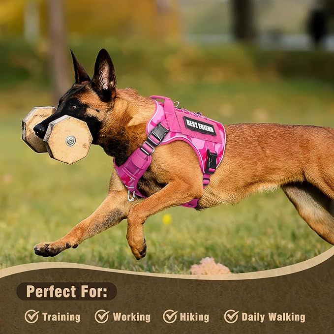 Tactical Dog Harness for Large Dogs,No Pull Military Dog Vest with Easy Control Handle&Molle,Reflective Heavy Duty Pet Harness for K9 Working Hiking Training Daily Walking Camo Pink XL
