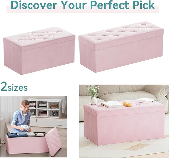 BRIAN & DANY Folding Storage Ottoman Bench, Ottoman with Storage, Foot Rest, Benches Seat for Bedroom, Living Room, Entryway, Long Shoes Bench, 15.7" x 31.5" x 15.7" Pink