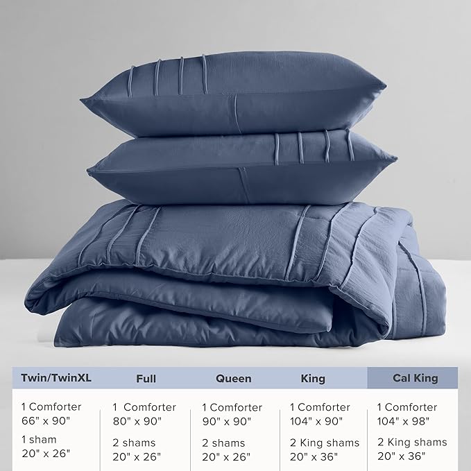Comfort Spaces Navy Cal King Size Comforter Set - 3 Pieces Pintuck Pleated Bedding Sets, All Season Lightweight, Extra Softness Pre-Washed Microfiber Cal King Bed Set, Shams, Cal King