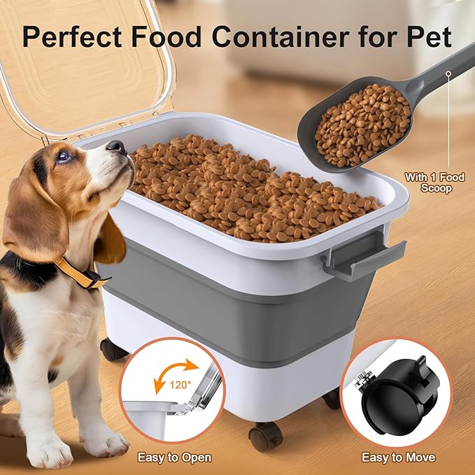 Dog Food Storage Container, 10-23 Lbs Collapsible Dog Food Container with Transparent Airtight Lid, Wheels and Scoop, Travel Pet Food Storage Container for Cat, Dog and Bird, Keep Dry Food Fresh