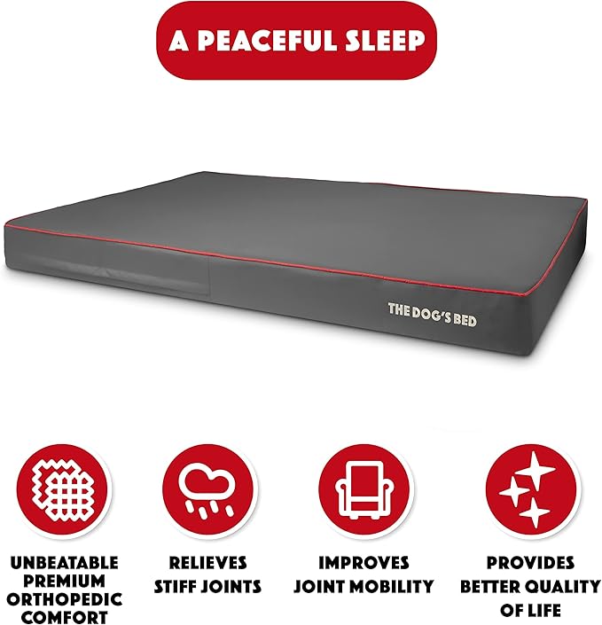 The Dog’s Bed Orthopedic Memory Foam Dog Bed, XXXL Grey/Red 64x44, Pain Relief for Arthritis, Hip & Elbow Dysplasia, Post Surgery, Lameness, Supportive, Calming, Waterproof Washable Cover