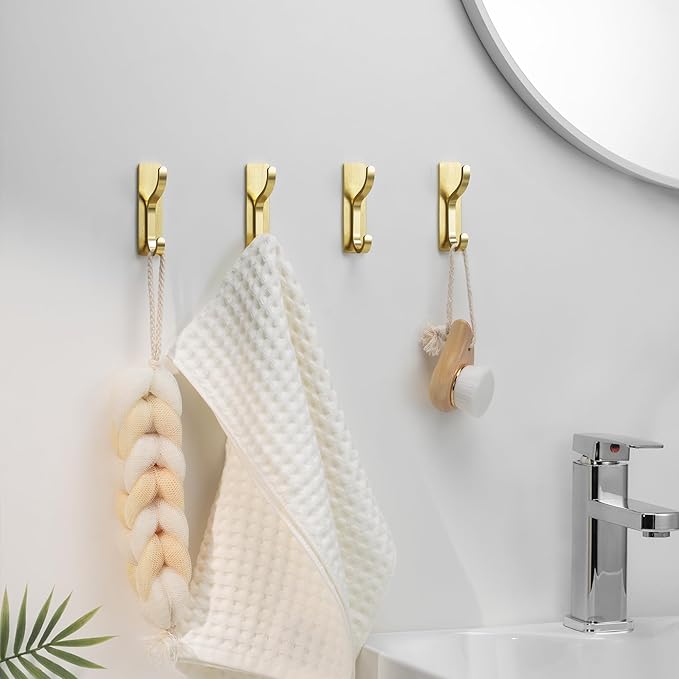 pickpiff Adhesive Wall Coat Hooks - Heavy Duty Stick-On Door Hanger, Metal Hook for Hanging Towel,Purse, Robe, Backpack, Jacket, Clothes - for Bathroom,Dorm, Closet, Kitchen - Gold, 6 Pack