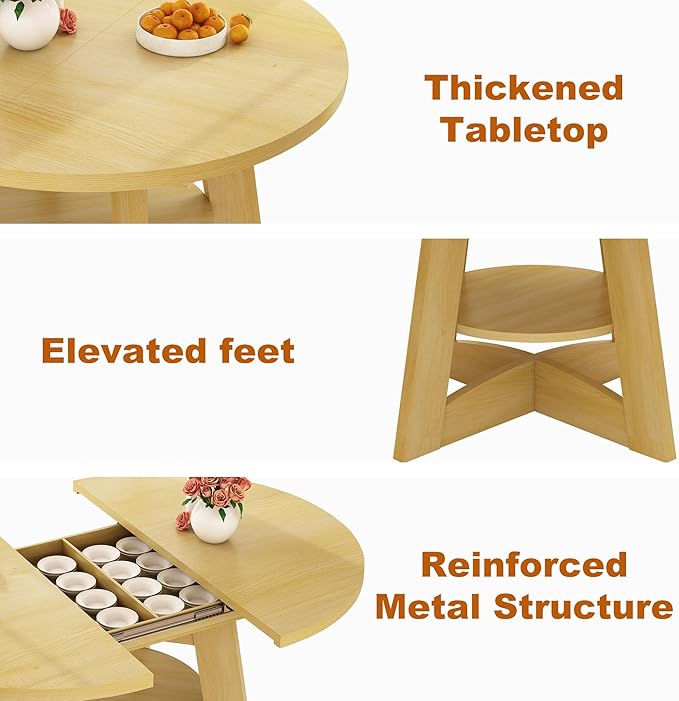 47"-63" Extendable Dining Table for 4 5 6 People,63" Farmhouse Round Extending Dining Table w/Removable Leaves Space Saving,Wooden Adjustable Tables for Kitchen Office Living Room Natural