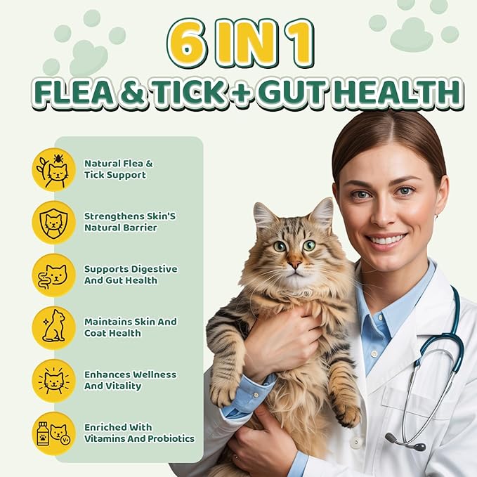 Flea and Tick Prevention for Cats Chews, 500 Crunchy & Creamy Flea Chews, Cat Flea Chewables with Probiotics - Skin & Coat Support - Fleas & Tick Supplement for Cats Kittens - Natural Chicken Flavor