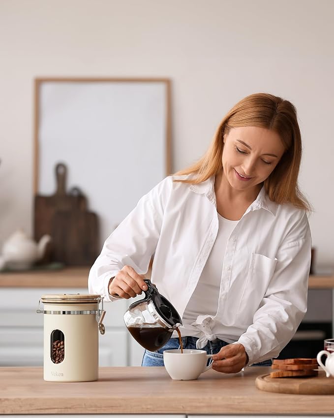 Veken Coffee Sugar Canister with Window, Christmas Coffee Lovers Gift Basket Set, Airtight Stainless Steel Kitchen Food Storage Container Gifts for Grounds, Beans,Tea,Flour, Cereal, Scoop, 22OZ,Cream