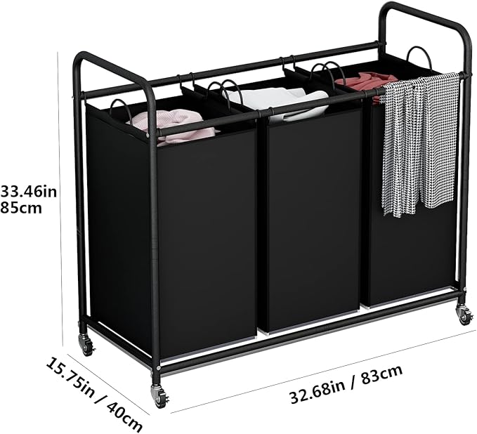 LINZINAR 3-Bag Laundry Basket Hamper Laundry Sorter Cart laundry room organization with Heavy Duty Rolling Lockable Wheels and Removable Bags (Black)