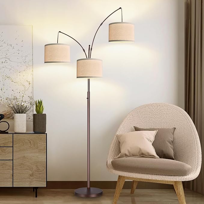 Dimmable Floor Lamp - 3 Lights Arc Floor Lamps for Living Room, 1000LM Modern Tall Standing Lamp With Beige Shades, Mid Century Tree Floor Lamp for Bedroom Office, 3 LED Bulbs Included - Brown