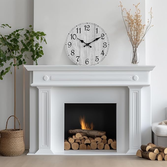 HYLANDA Wall Clock, 10 Inch Wall Clocks Battery Operated Silent Non Ticking, Country Wooden Clocks Farmhous Clock for Bathroom, Living Room, Kitchen, Bedrooms (Gray)
