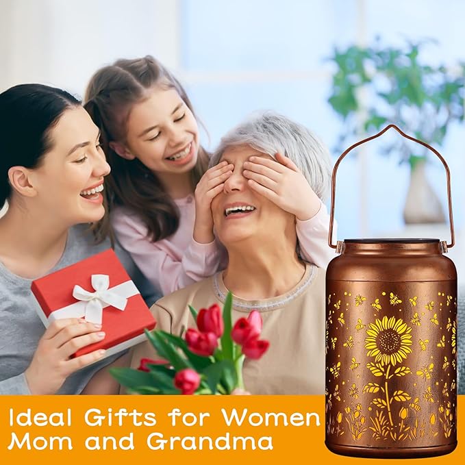 Solar Lanterns Outdoor, Waterproof Hanging Metal Solar Lanterns LED Decoration for Garden, Yard, Patio - Perfect Birthday Gifts for Women Mom Grandma(Sunflower + Bee)