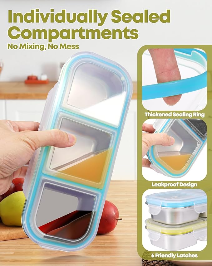2Pack Stainless Steel Snack Containers for Kids Adults, Reusable 3 Compartment Snackle Box Container with Leakproof Lids Metal Bento Lunch Boxs Food Storage Containers for Travel Picnics Office School