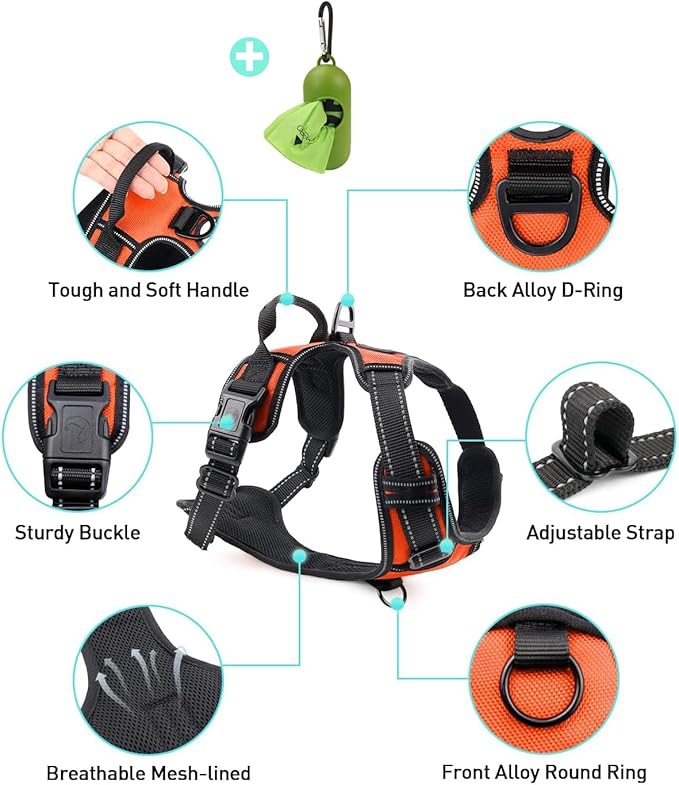 Joytale No Pull Dog Harness for Large Dogs, Reflective Pet Vest with Front Clip, Adjustable Soft Padded Harnesses with Easy Control Handle for Training and Walking, Orange, L