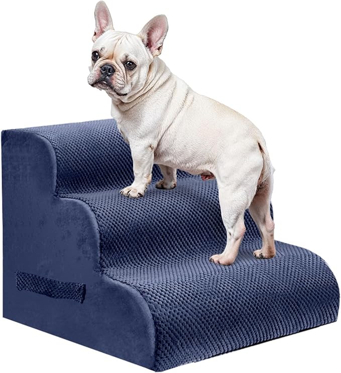 PAWSCART Dog Stairs for Small Pets, 17.7" H with 30D Material Soft Foam, Portable Ramp Non-Slip Surface Non-Slip for Couch and High Bed Climbing, 3-Step Stairs for Cat or Dog, Blue