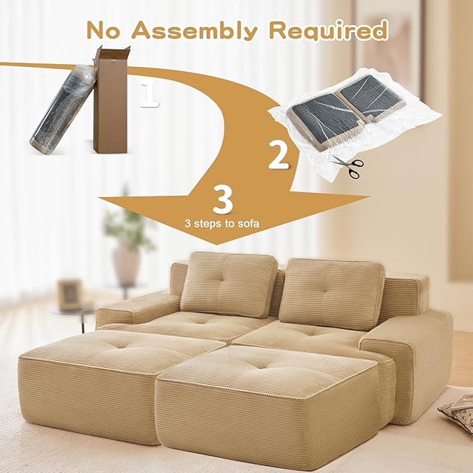 80" Modern Compressed Boneless Love Seat Couches with 2 Ottomans, 2 Seater Large Sectional Couches for Living Room, Camel Corduroy Cloud Modular Sectional Sofa, Memory Foam, Deep Loveseat, No Assembly