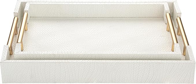 2 Piece Woven Leather Ottoman Tray with Gold Handles, Perfect Rectangular Serving Tray for Living Room, Coffee Table Tray as Thoughtful Gift for Home Decor Enthusiasts (White)