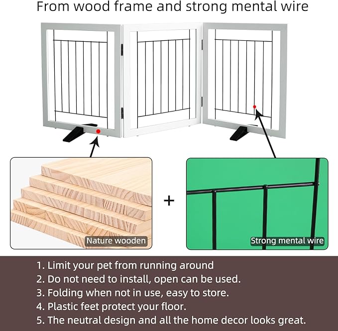 ZJSF Freestanding Dog Gate Indoor, Foldable Dog Fence for Doorways,Hallways or Stairs, Sturdy Wood Extra Wide Pet Gate with Support Feet,White,24 "Height-3 Panels