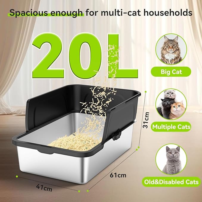 Cordless Cat Water Fountain Stainless Steel + Litter Box Set, 4L Automatic Wireless Pet Water Dispenser with 5Pack Filter + Cat Litter Box Sets for Multi Pet Family