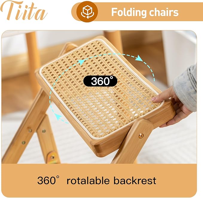 Tiita Rattan Dining Chairs Set of 2, Mid Century Modern Folding Chair, Bamboo Folding Dining Chairs for Small Space, Dining Room, Living Room, Bedroom, Wood