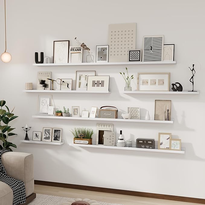 Solid Ash Wood Picture Ledge Shelf, 24 Inch Floating Shelves with Lip Set of 2, Photo Ledge Shelf Nursery Bookshelf Wall Mounted for Living Room Bedroom Decor, White