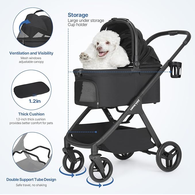 X-5 Luxury Pet Stroller for Medium Dog Under 55lbs or 2 Small Dogs & Cats, One-Touch Folding, Adjustable Handle and Detachable Carrier (Black)