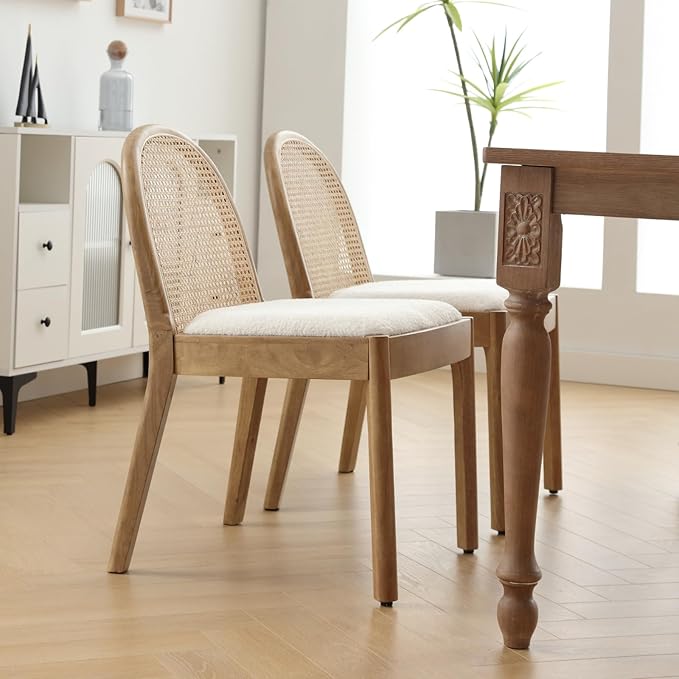 LukeAlon Modern Sherpa Dining Chairs Set of 4, Natural Woven Rattan Cane Back Side Chairs with Solid Wood Legs Mid Century Dinner Chairs for Kitchen Living Room, White